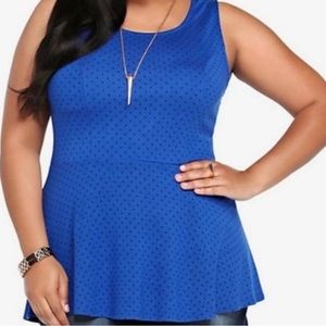 Torrid Open Back Blue Polka Dot Peplum Top